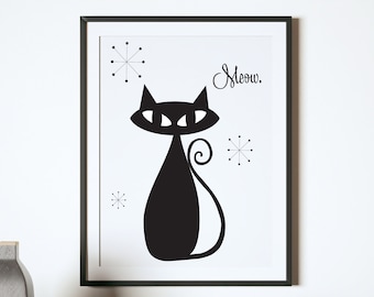 Atomic Cat Wall Art Print, Printable, Mid-Century Modern Home Decor, Print, Black and White, Funny Retro Kitty, 50s, Girl Nursery Artwork