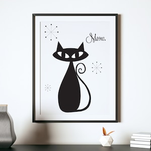Atomic Cat Wall Art Print, Printable, Mid-Century Modern Home Decor, Print, Black and White, Funny Retro Kitty, 50s, Girl Nursery Artwork