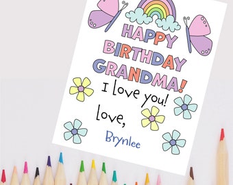 Grandma Birthday Gift From Grandchild, Card Coloring Page, Printable Color Your Own DIY Card Coloring Sheet for Kids, Present, Grandmother