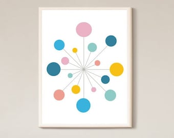 Mid-Century Modern Print, Printable Art, Atomic Starburst, Pastel Retro Nursery Print for Girl, Pink, Blue, Yellow, Green, Digital Download