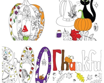 Fall / Halloween / Thanksgiving Coloring Pages Set of 4, Printable PDF Digital Download Files