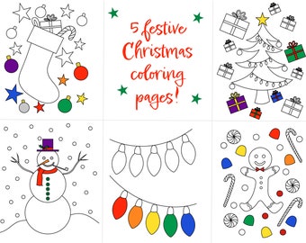 5 feestelijke kerstkleurplaten, afdrukbare PDF digitale download