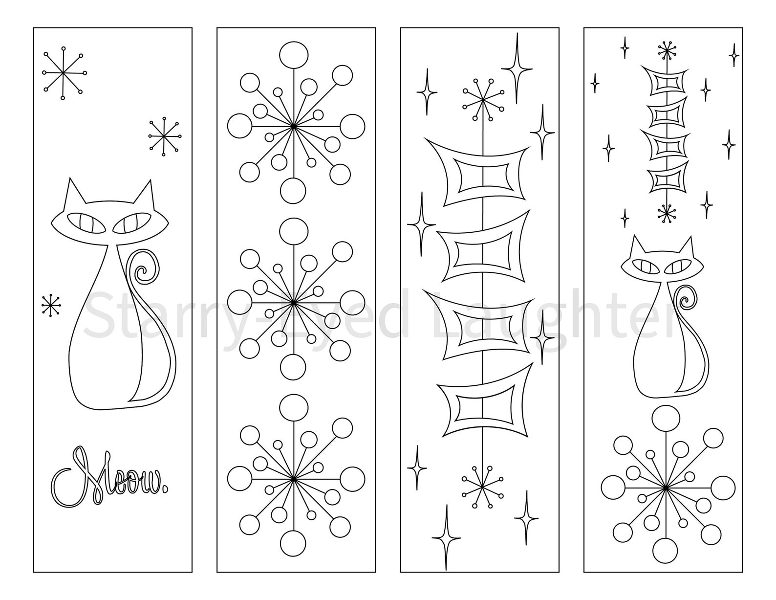 Atomic Cat Bookmark, Mid-century Modern Coloring Bookmarks, Printable ...