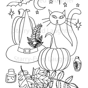 Printable Halloween Coloring Page, Cat, Pumpkin, and Witch Coloring Page PDF File image 2