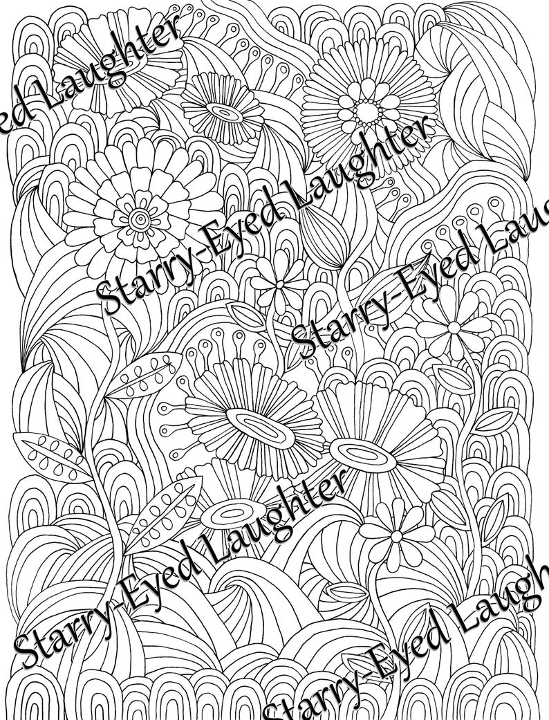 70s Floral Coloring Page, Flowers, Daisies, Psychedelic, for Adult, 60s