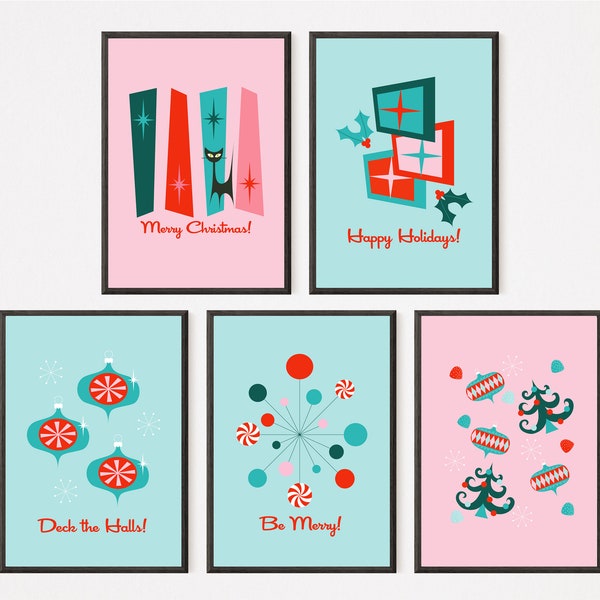 Set of 5 Mid Century Modern Christmas Posters 24x36 inches, Pastel Pink, Aqua Blue, Teal, Retro 50s Art Prints, MCM Atomic Starburst, Cat