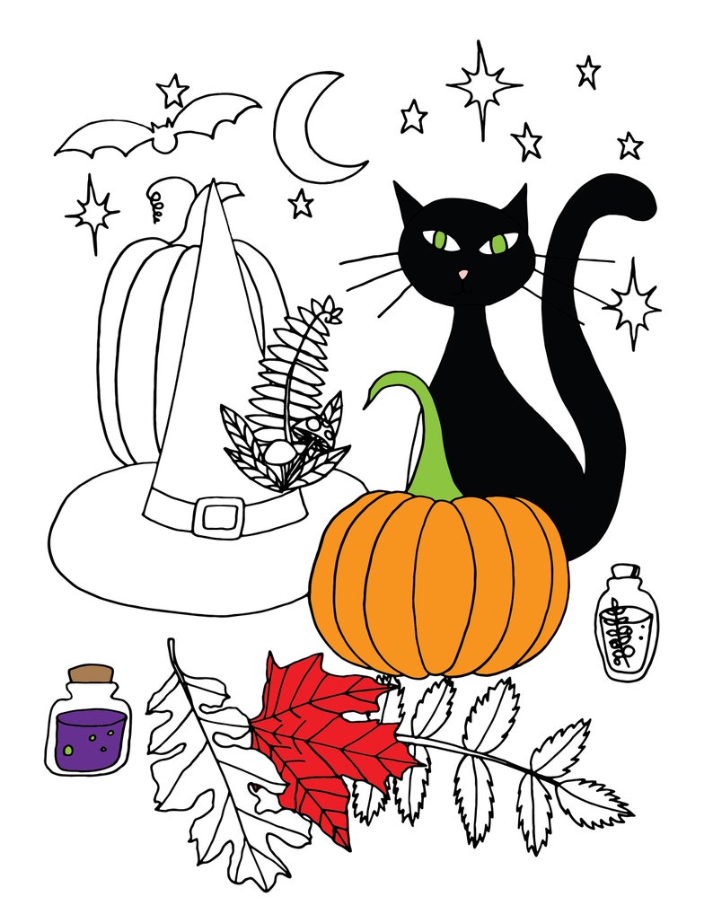 Printable Halloween Coloring Page, Cat, Pumpkin, and Witch Coloring Page PDF File image 1