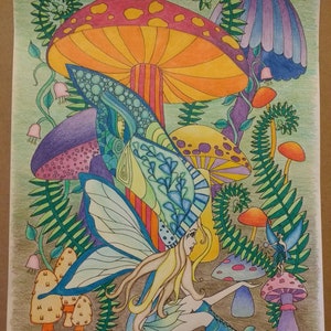 May include: A colorful illustration of a fairy in a whimsical mushroom forest. The fairy has long blonde hair, blue wings, and is surrounded by large, detailed mushrooms in shades of orange, purple, and yellow. Green ferns and smaller fairies add to the fantasy theme.