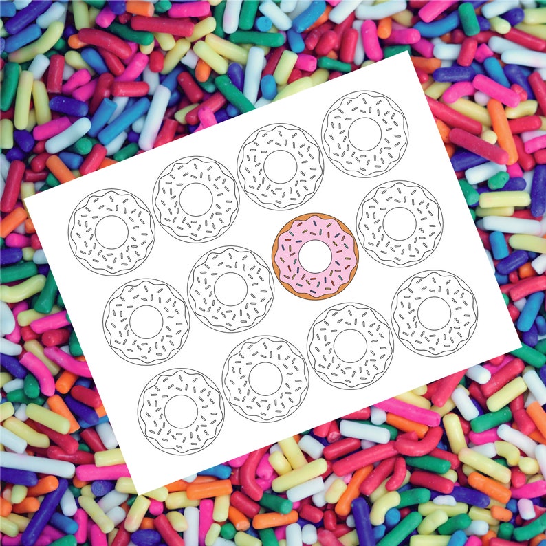 Donut Coloring Page Printable, Sprinkled Doughnuts Birthday Party Favor