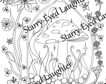Mushroom Coloring Page, Flower, Fantasy, Terrarium, Night in a Bottle, Adult Coloring Page, Printable Goblincore, PDF Digital Download