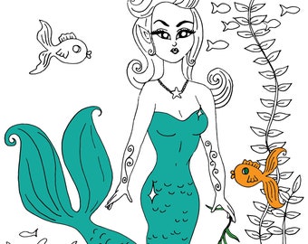 Mermaid Coloring Page, Adult Coloring Page, Fantasy, Retro, Glam, Rockabilly, Ocean, Fish, Printable Coloring Page PDF Digital Download