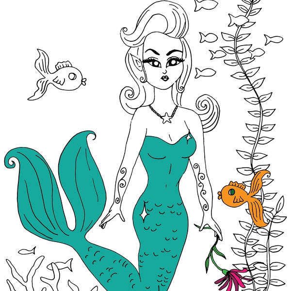 Mermaid Coloring Page, Adult Coloring Page, Fantasy, Retro, Glam, Rockabilly, Ocean, Fish, Printable Coloring Page PDF Digital Download