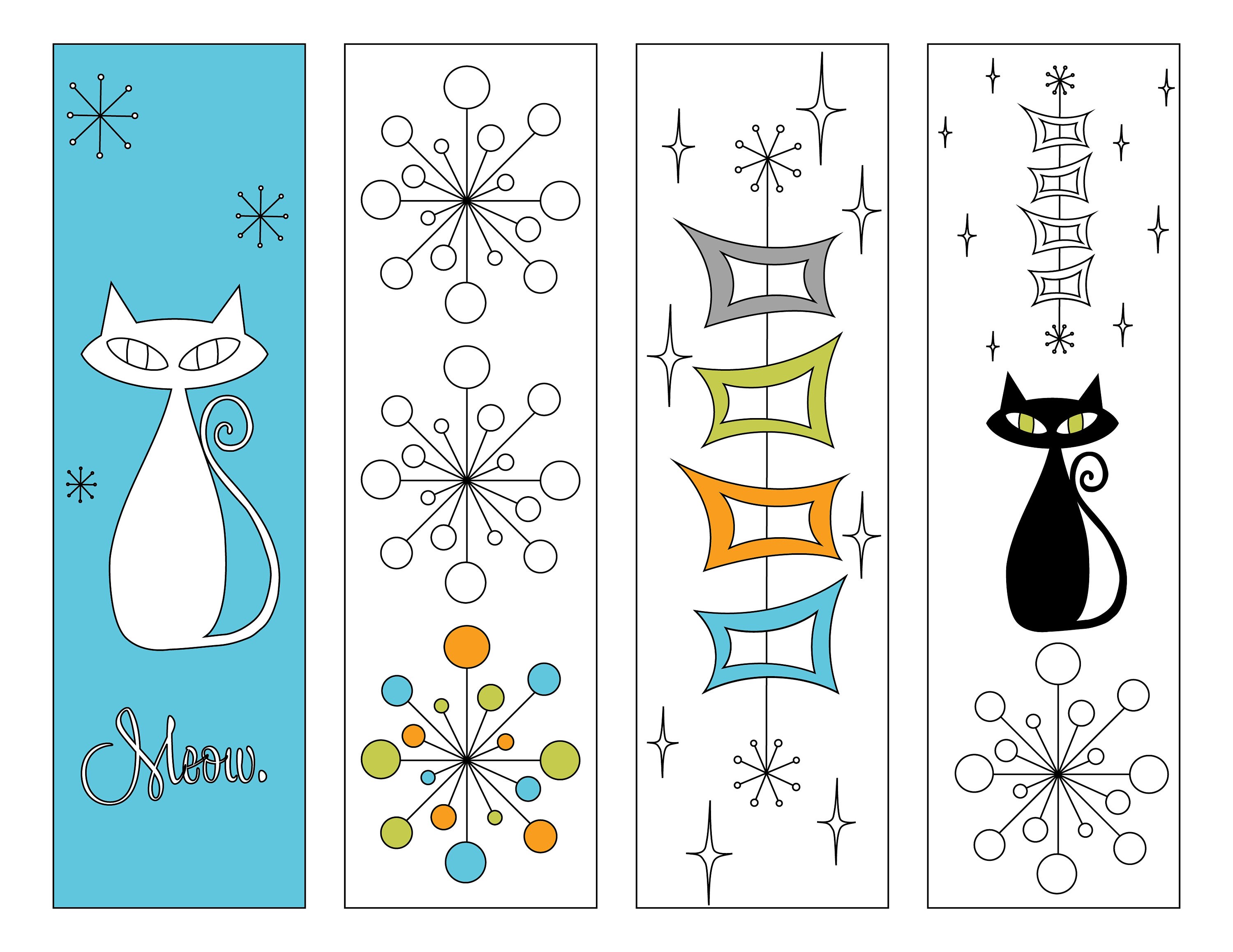 Atomic Cat Bookmark, Mid-century Modern Coloring Bookmarks, Printable ...