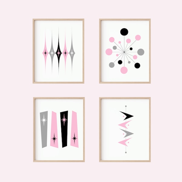 Roze Mid Century Modern Wall Art Set van 4 Prints, Kwekerij, Digitale Download, jaren 1950 Bubble Gum Decor, MCM Atomic Starburst Diamonds Boomerang