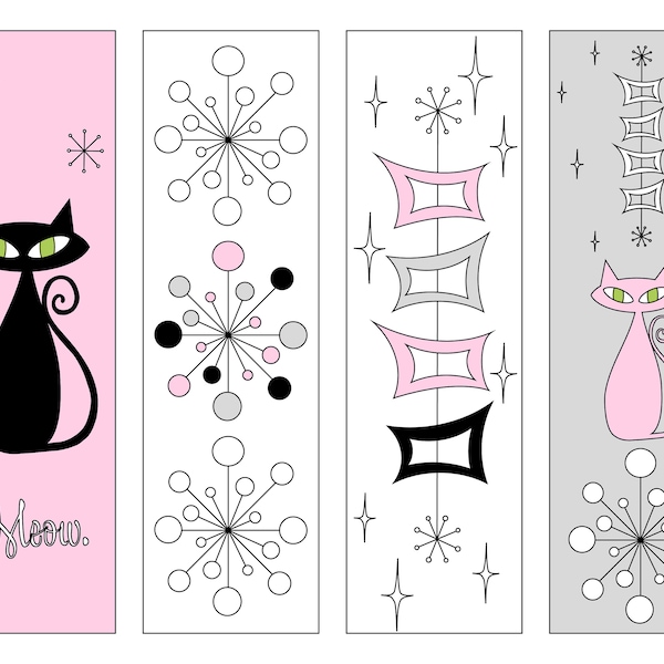 Atomic Cat Bookmark, Mid-Century Modern Coloring Bookmarks, Printable Bookmark Gift for Reader, Present for Book Lover, PDF Digital Download