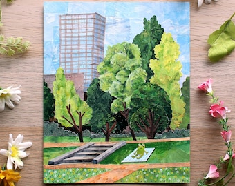 Original Mixed Media Frog Picnic Artwork – Vibrant City Landscape Illustration (8 x 10 inch)