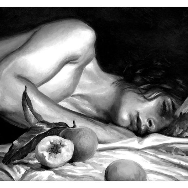 Boy with peaches. B&W. Canvas print 30x40 cm, 11x16 inches. Inspired of Call me by your name.