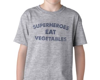Superheroes Eat Vegetables Kids Funny Slogan Tshirt, Vegetarian, Vegan, Hero, Screen Printed with vegan friendly ink