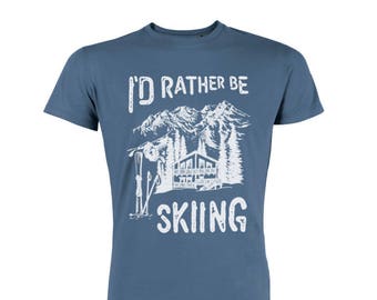 Vintage Chalet Scene 'I'd Rather be Skiing' Cotton T-shirt - Ski T-shirt, Fathers day gift, Skiing, Winter Sports, Snowboarding, Hobby Tee