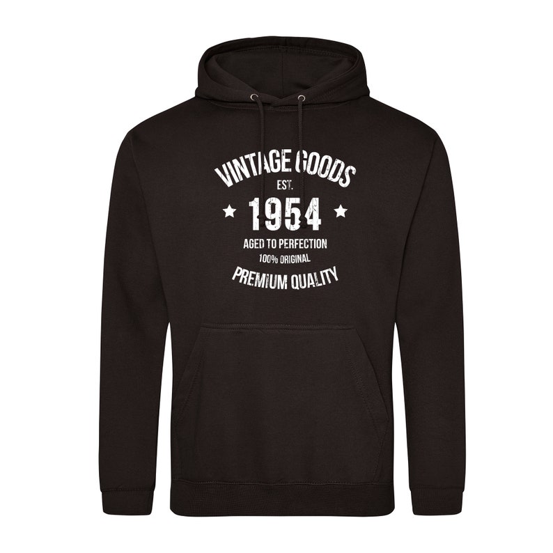 May include: Black hooded sweatshirt with white text that reads "Vintage Goods Est. 1954 Aged to Perfection 100% Original Premium Quality"