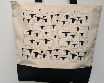 Cute Sheep Bag, Contrast canvas shoulder bag with zip. Design to both sides - Birthday gift for her, Mum, Nan, Sister, nature, farm animal