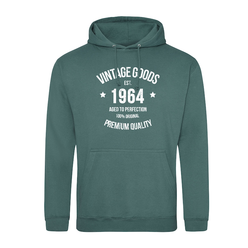 May include: A teal green hooded sweatshirt with the text "Vintage Goods Est. 1964 Aged to Perfection 100% Original Premium Quality" printed in white.