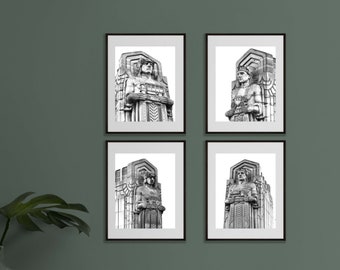 Cleveland Guardians of Transportation, Set of 4, Metallic B&W Cleveland Ohio Wall Art