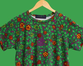 BEST COMPANY Vintage T-shirt, green and purple floral pattern 80s 90s M