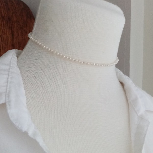 Tiny white pearls knotted on natural silk cord, cute small pearl choker necklace womens girl with 925 sterling silver clasp