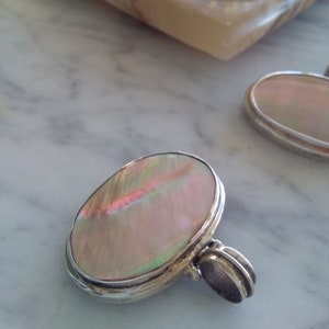 Pink salmon iridescent mother of pearl shell pendant, oval sterling silver MOP pendant