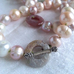 Pearl and agate necklace in pastel pinks, handmade natural pearls and gemstones with toggle clasp on silk cord