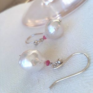Ruby and freshwater pearls, sterling silver drop dangle earrings