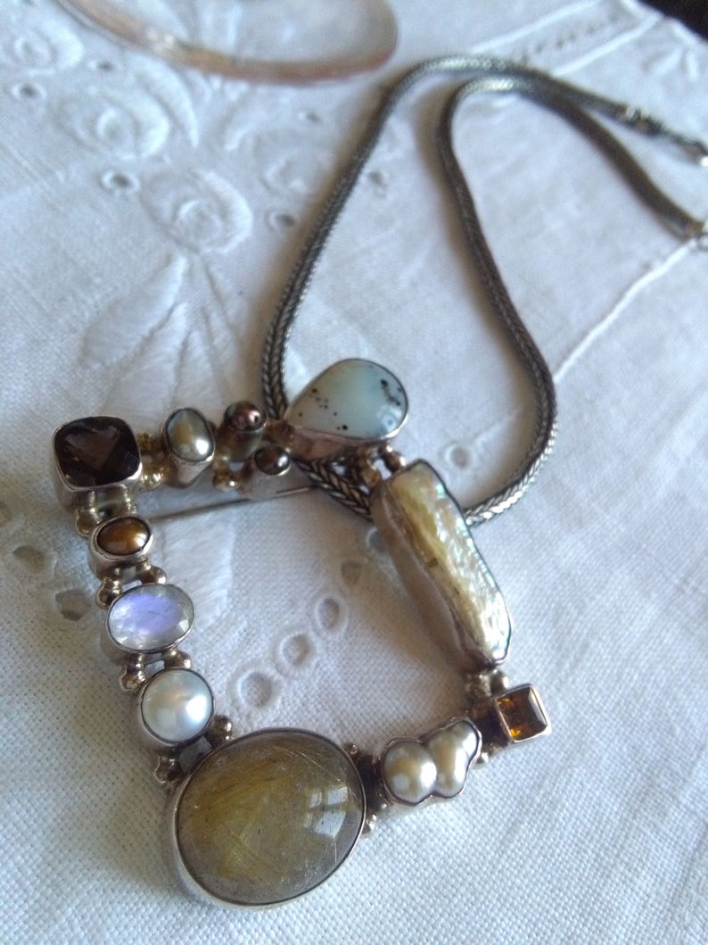 smokey quartz cognac citrine Multistone spectrolite moonstone rutile quartz freshwater pearl sterling silver broochpendant agate