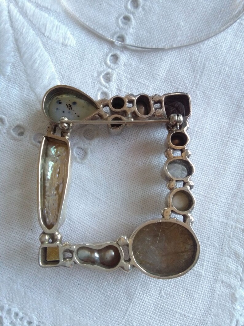 smokey quartz cognac citrine Multistone spectrolite moonstone rutile quartz freshwater pearl sterling silver broochpendant agate