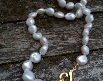 White 10mm/0.39" baroque coin pearl necklace, hand knotted cultured freshwater with metallic luster and vermeil sterling silver clasp