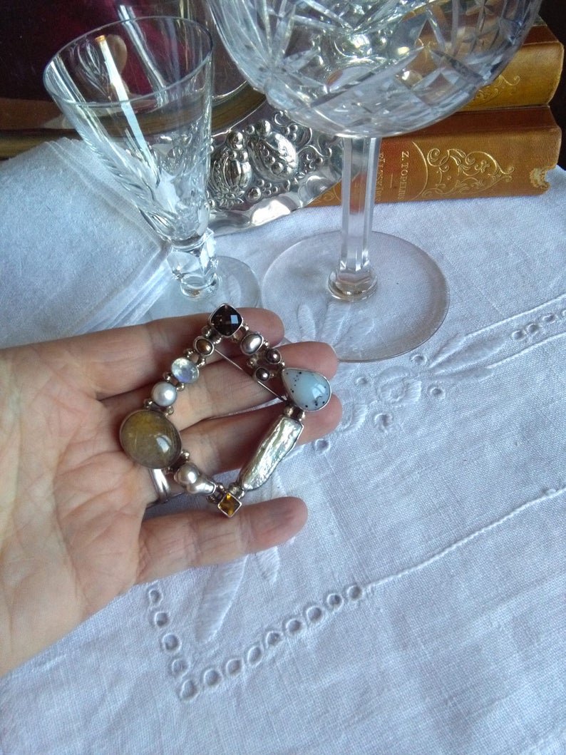smokey quartz cognac citrine Multistone spectrolite moonstone rutile quartz freshwater pearl sterling silver broochpendant agate