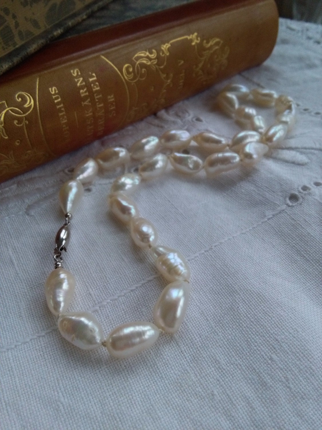 Baroque White Freshwater Pearl Necklace, Oblong Cultured