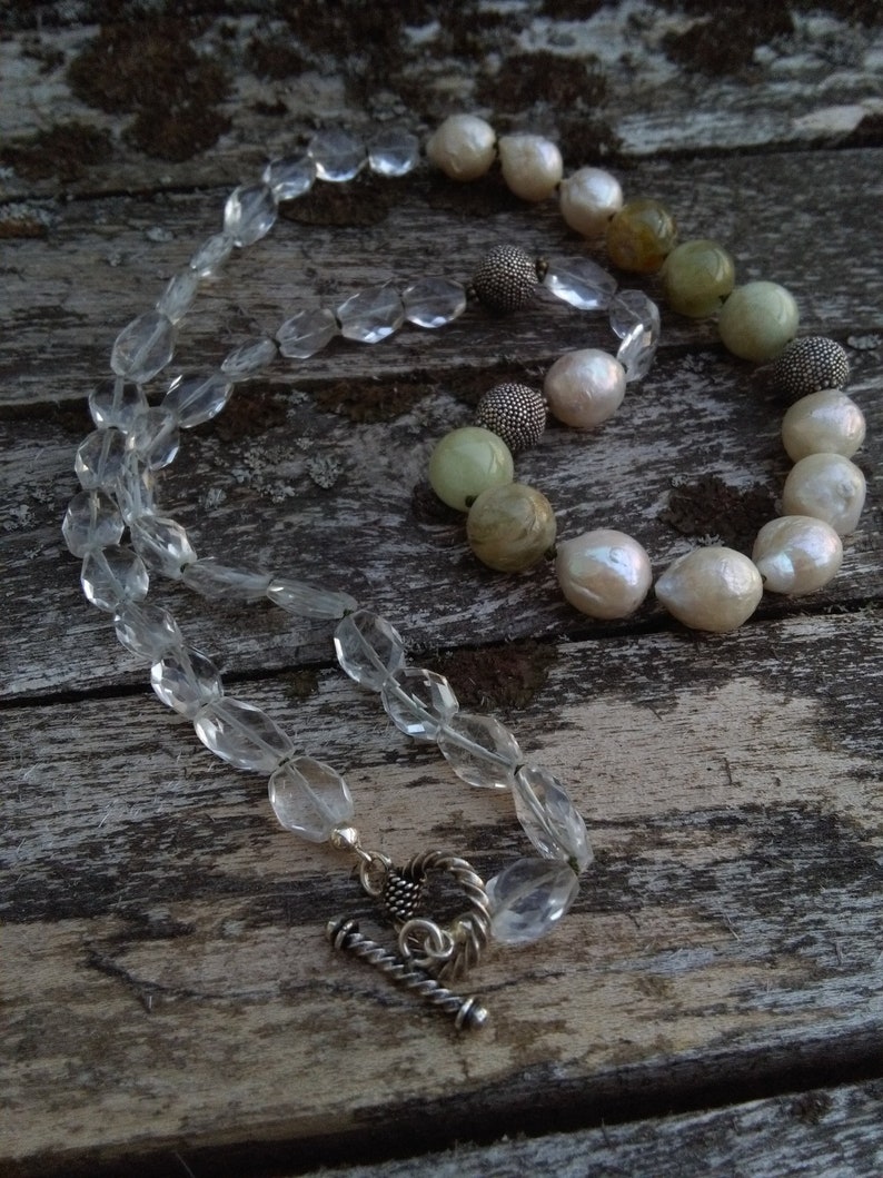 Large unique natural gemstone statement necklace opera length beryl bead and pearl necklace artisan handmade with sterling silver clasp
