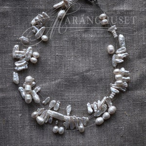 Necklace with natural white suspended pearls illusion necklace