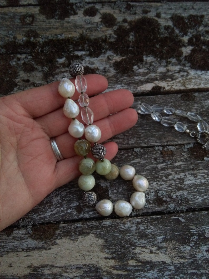 Large unique natural gemstone statement necklace opera length beryl bead and pearl necklace artisan handmade with sterling silver clasp