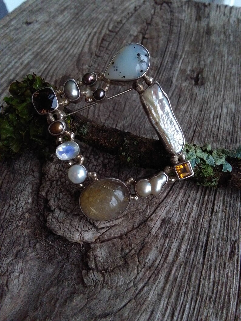 smokey quartz cognac citrine Multistone spectrolite moonstone rutile quartz freshwater pearl sterling silver broochpendant agate