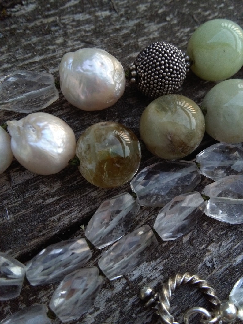 Large unique natural gemstone statement necklace opera length beryl bead and pearl necklace artisan handmade with sterling silver clasp
