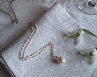 Single large freshwater drop pearl on sterling silver chain