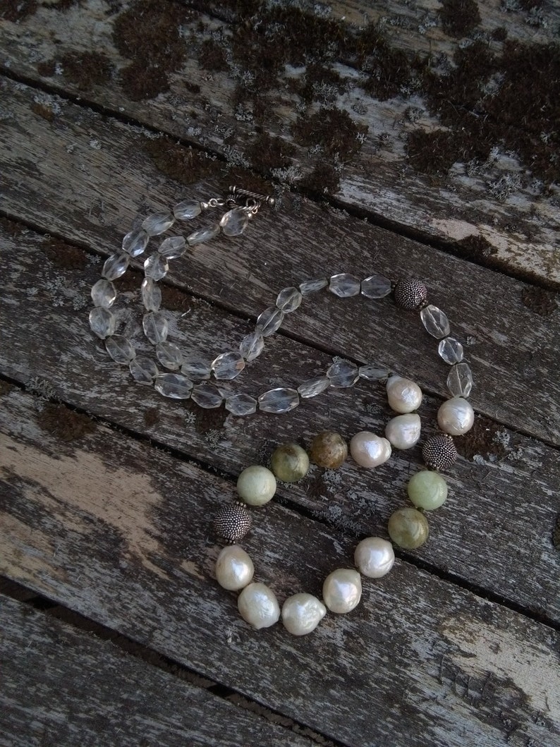 Large unique natural gemstone statement necklace opera length beryl bead and pearl necklace artisan handmade with sterling silver clasp