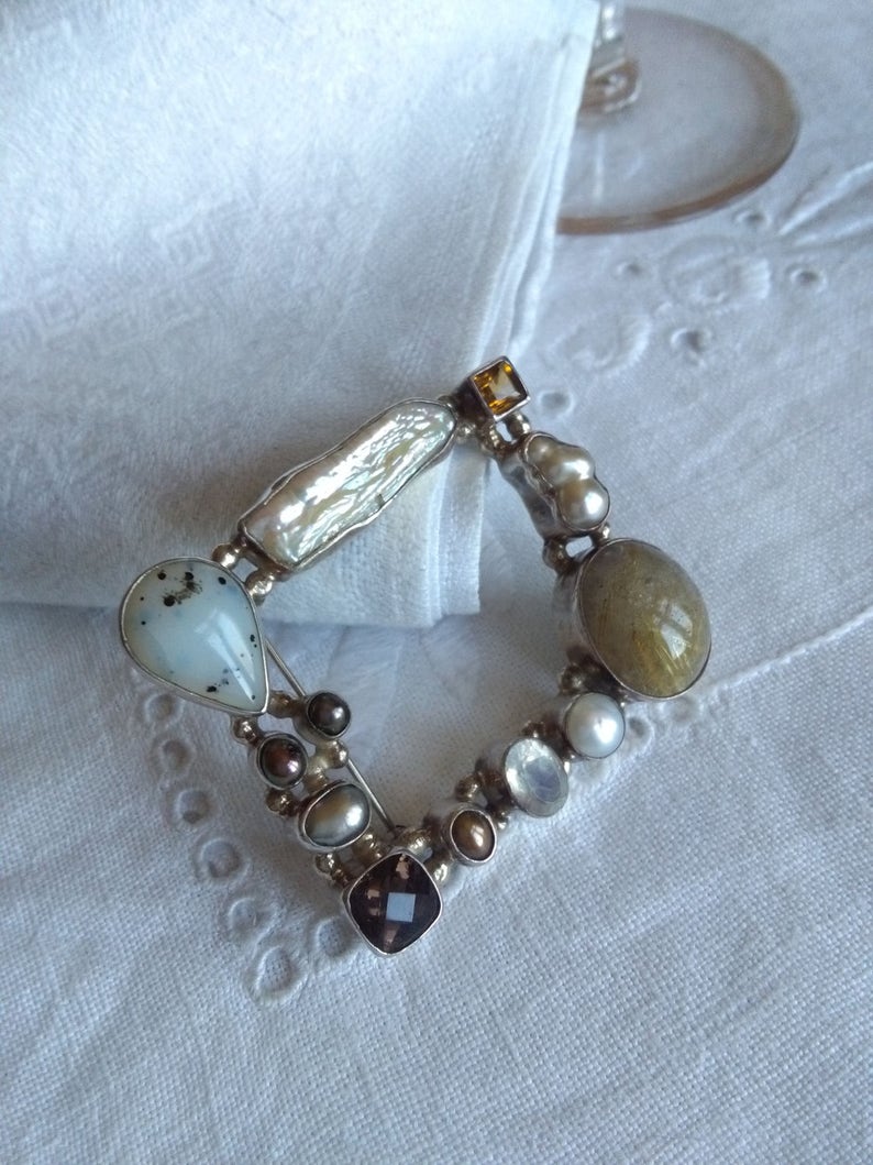 smokey quartz cognac citrine Multistone spectrolite moonstone rutile quartz freshwater pearl sterling silver broochpendant agate