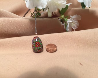 Red and green patterned Easter egg pendant,  Russian style easter egg for necklace.