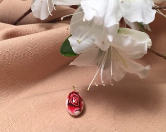 Red rose on white Easter egg pendant, Russian style easter egg for necklace.