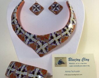 Checkered white orange purple statement set: choker, earrings, hariclip