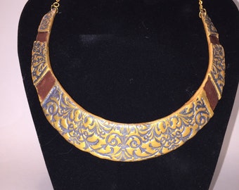 Ethnic patterned choker,  gold and brass colored polymer clay