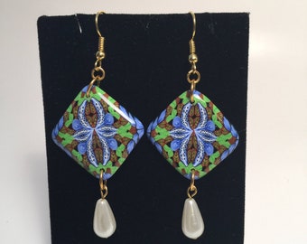 Forest Stream Line Blue and Green Square Dangle Earrings